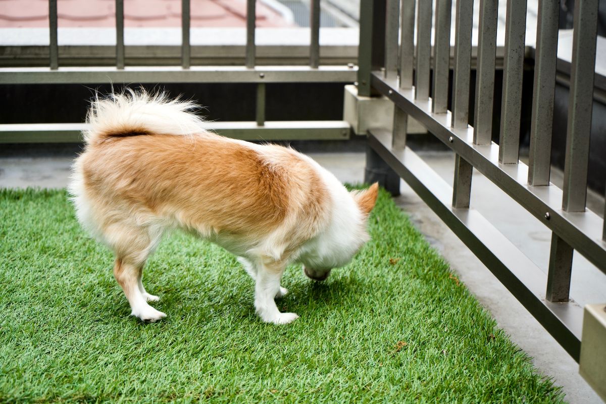 Chihuahua dog smelling artificial grass